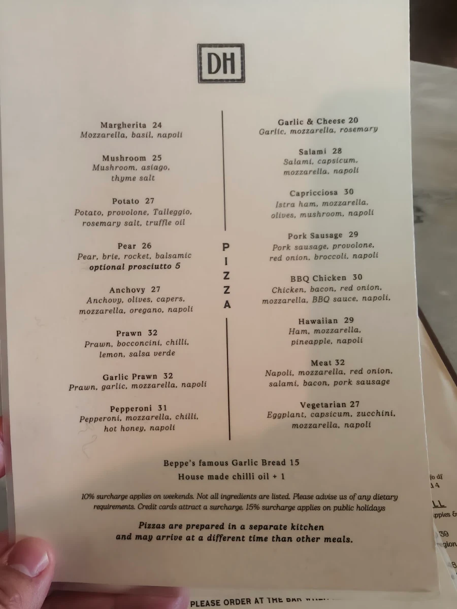 Menu, Beppe Wood-Fired Pizza @ Daylesford Hotel