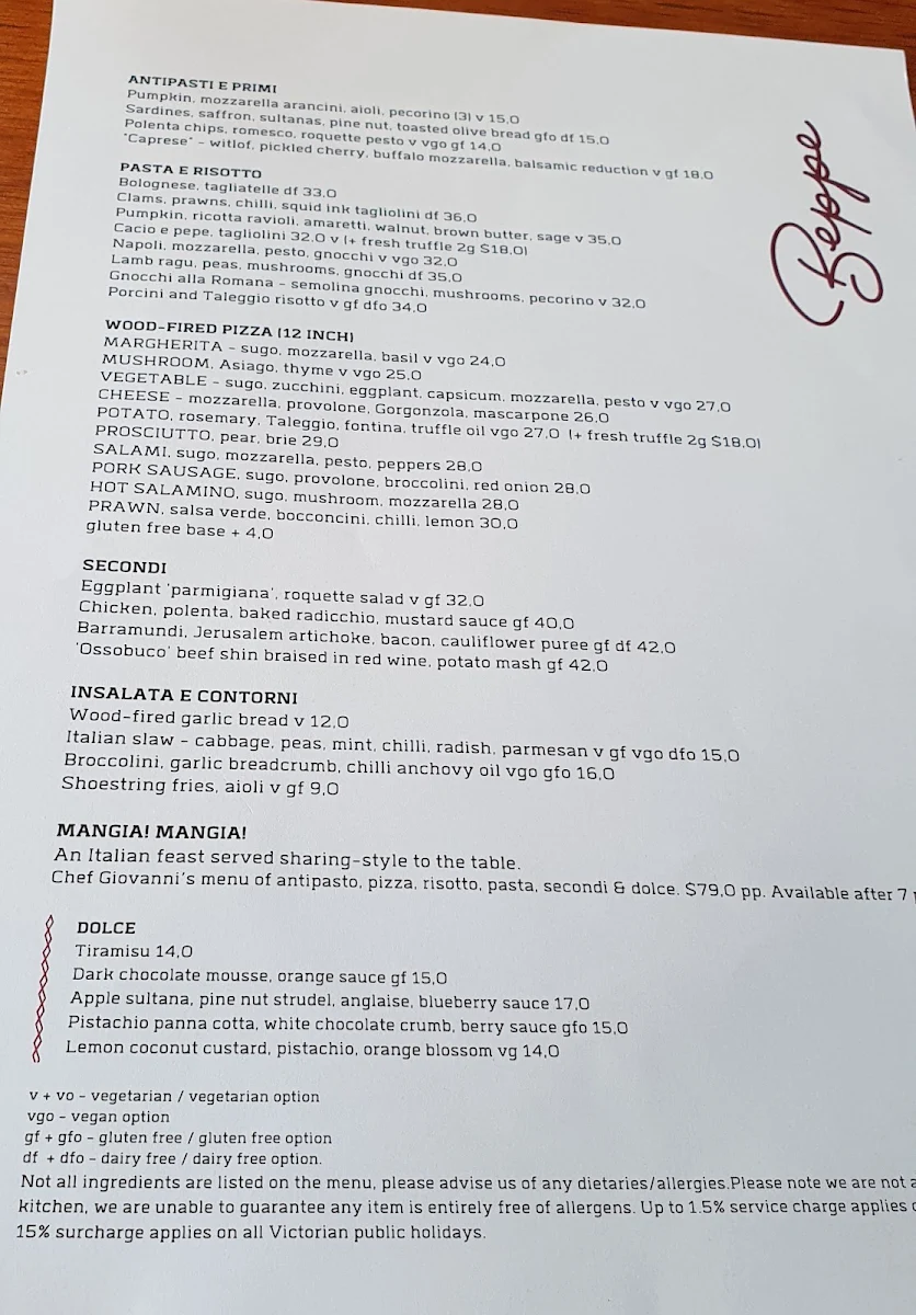 Menu, Beppe Wood-Fired Pizza @ Daylesford Hotel