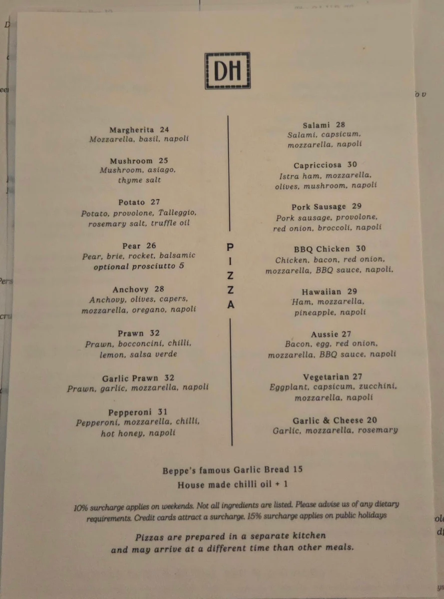 Menu, Beppe Wood-Fired Pizza @ Daylesford Hotel