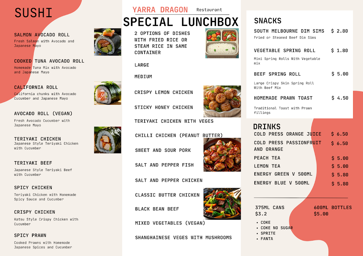 Menu, Yarra Dragon