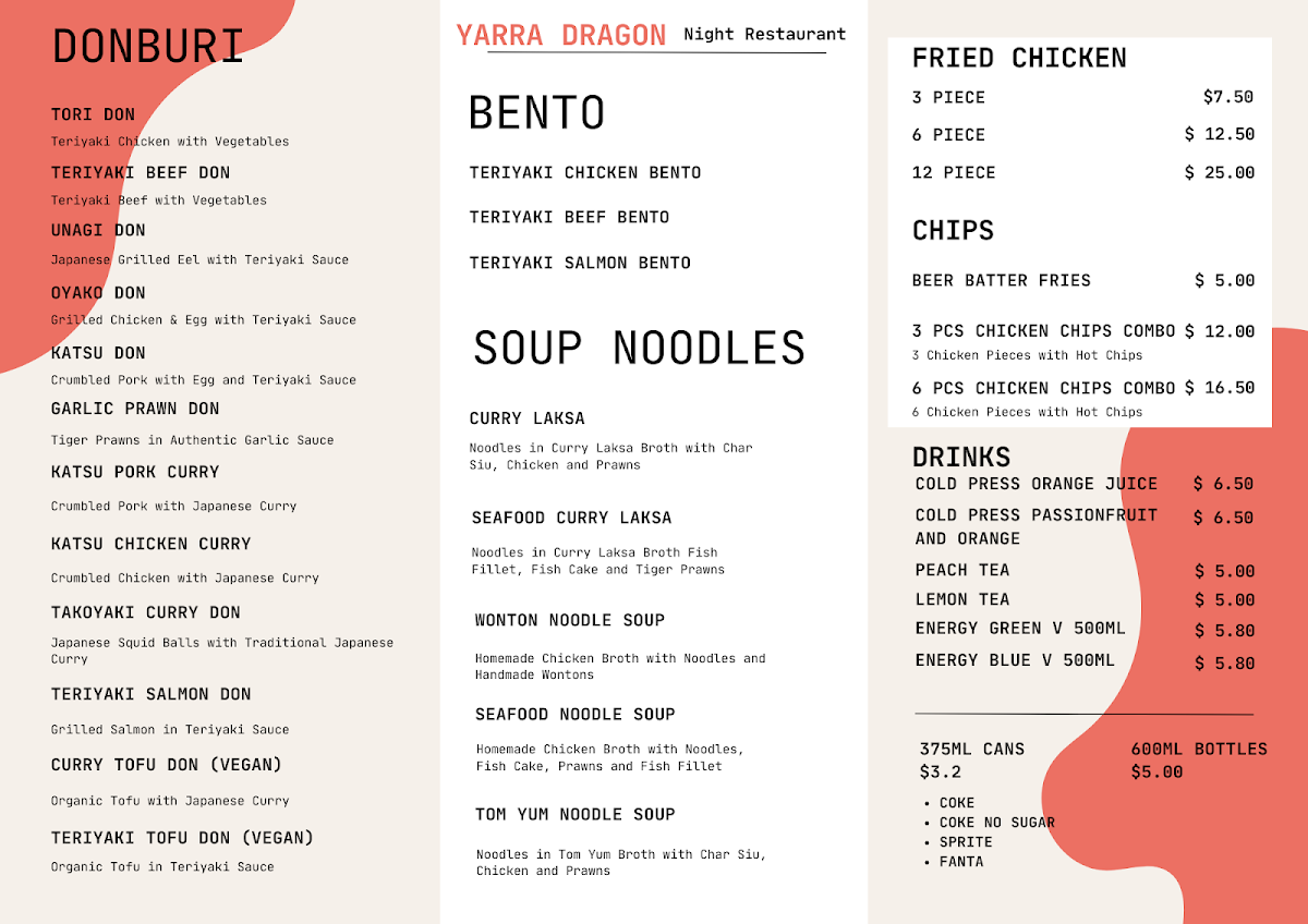 Menu, Yarra Dragon
