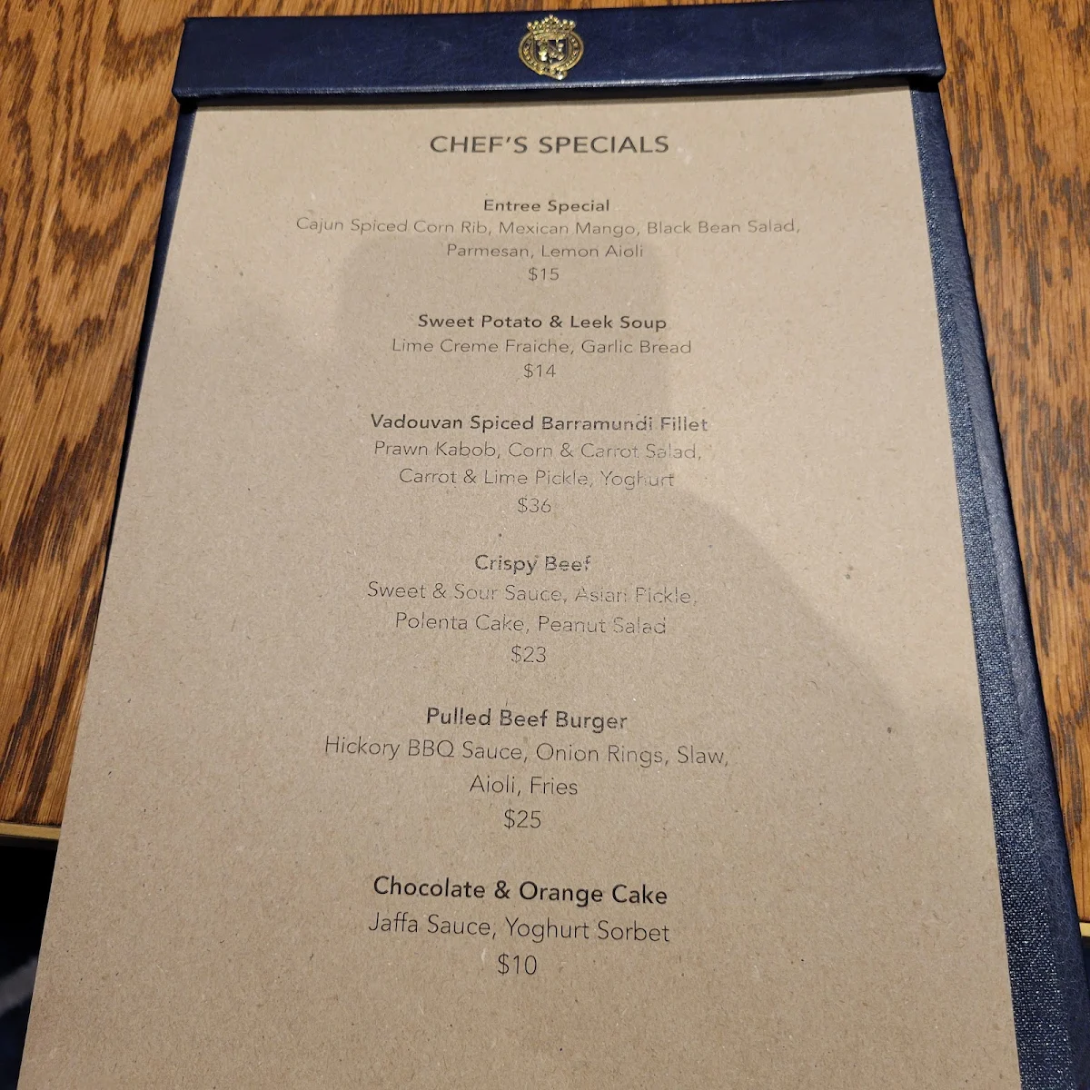 Menu, Earl of Leicester Hotel