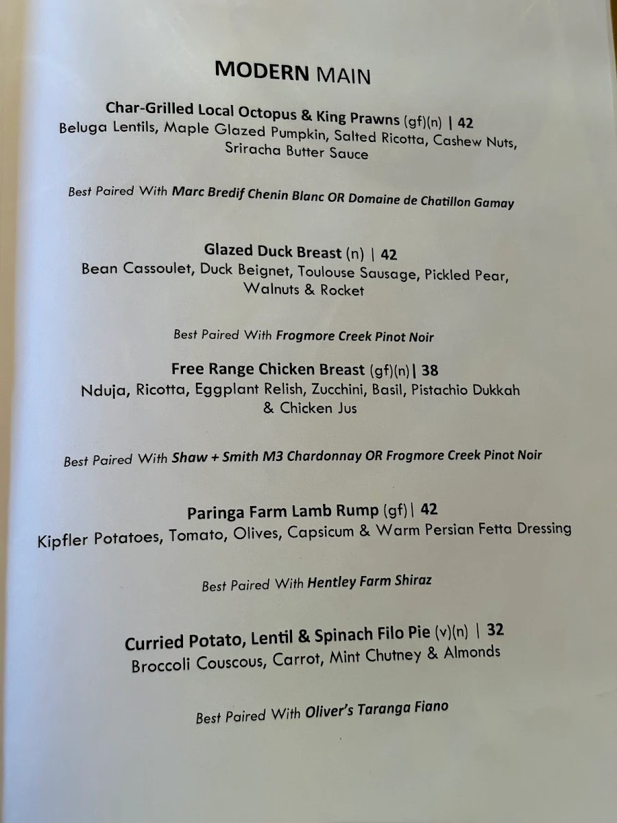 Menu, Earl of Leicester Hotel