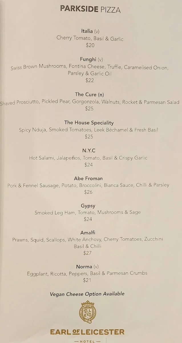 Menu, Earl of Leicester Hotel