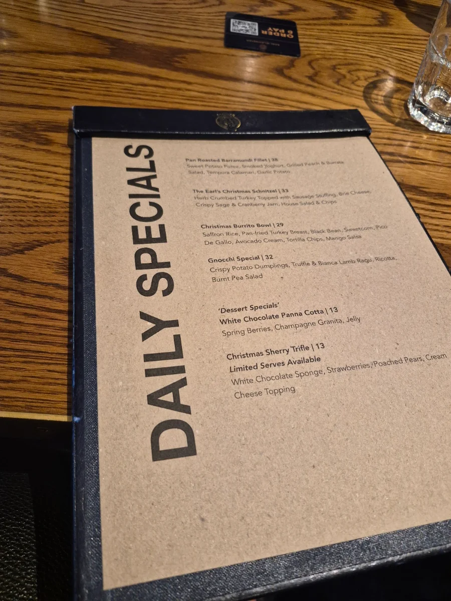 Menu, Earl of Leicester Hotel