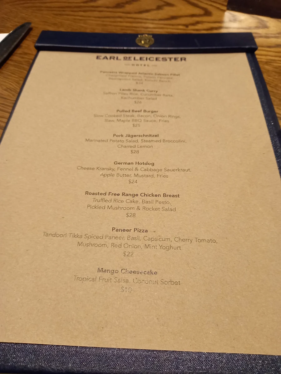 Menu, Earl of Leicester Hotel
