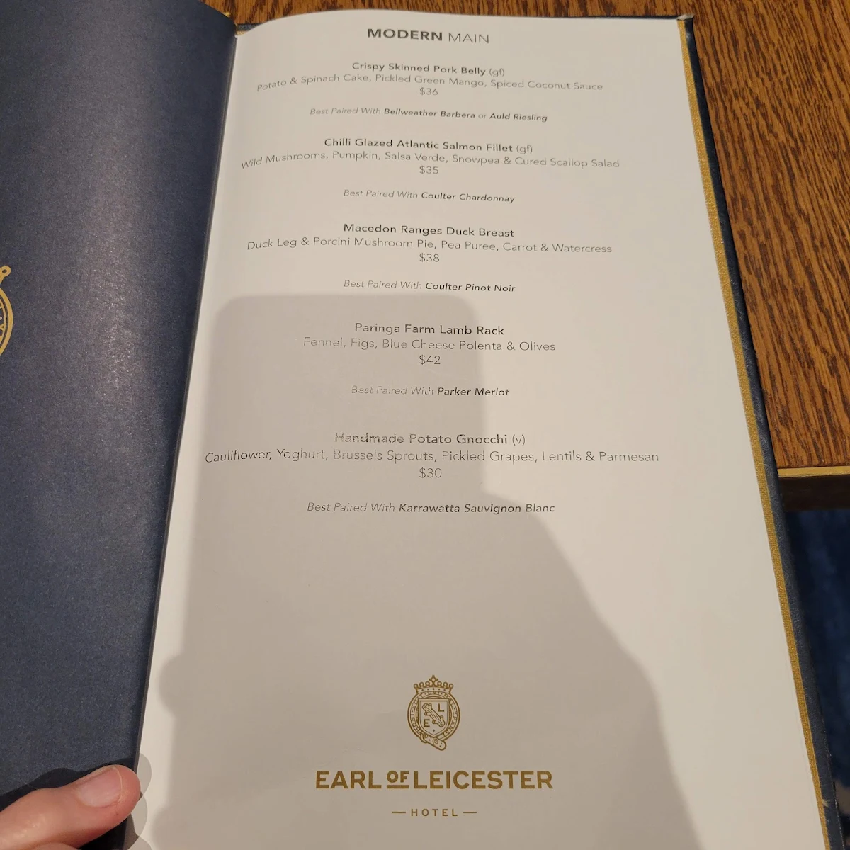 Menu, Earl of Leicester Hotel