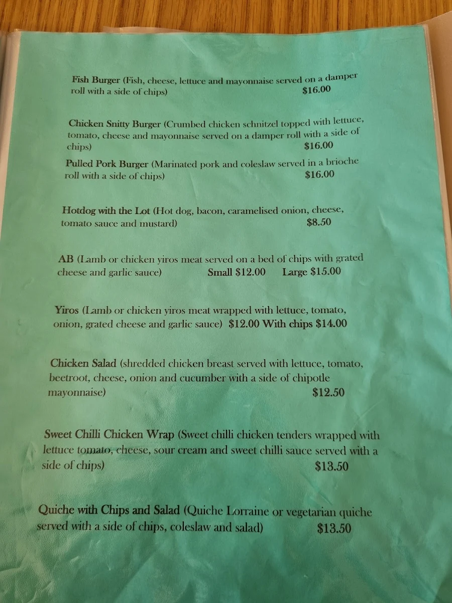 Menu, Wilma's on the Yorke