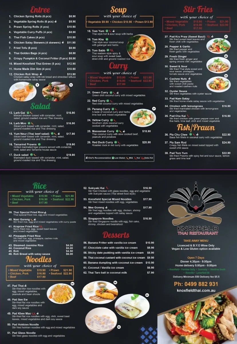 Menu, Knoxfield Thai Restaurant