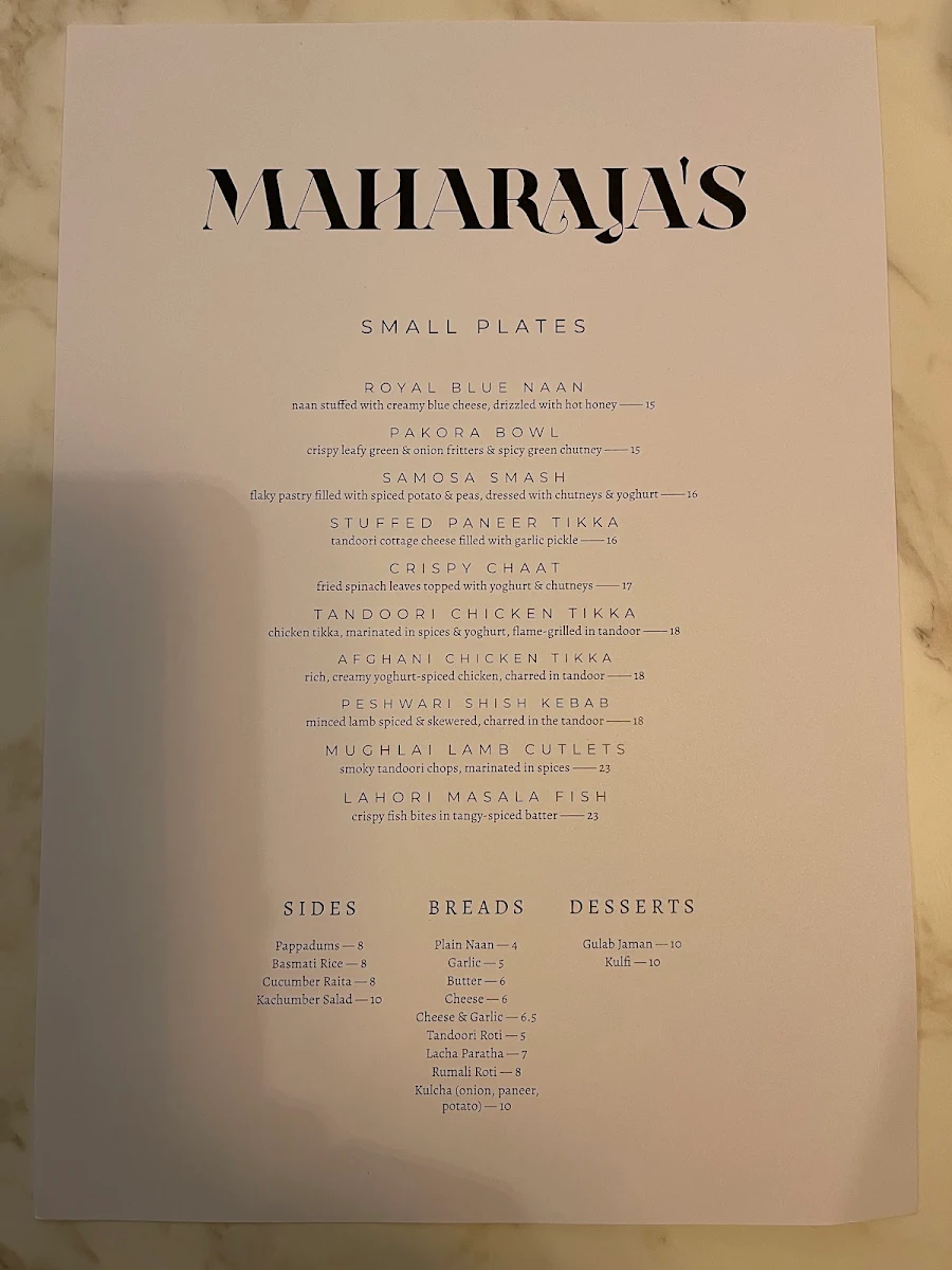 Menu, Maharaja's | Castle Hill