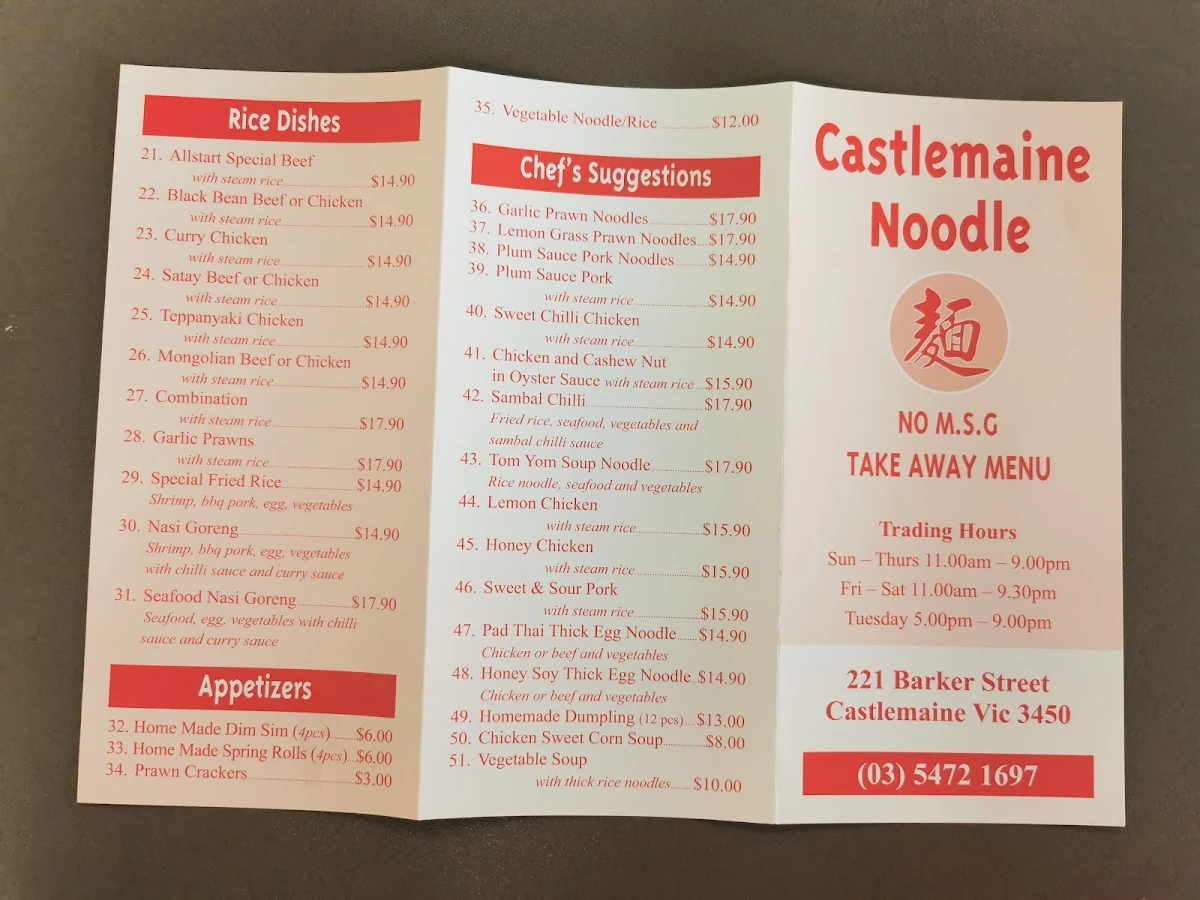Menu, Castlemaine Noodle Bar