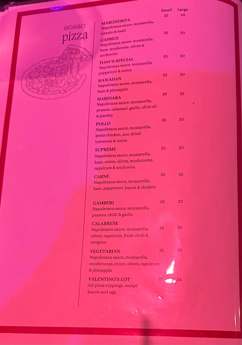Menu, Valentinos