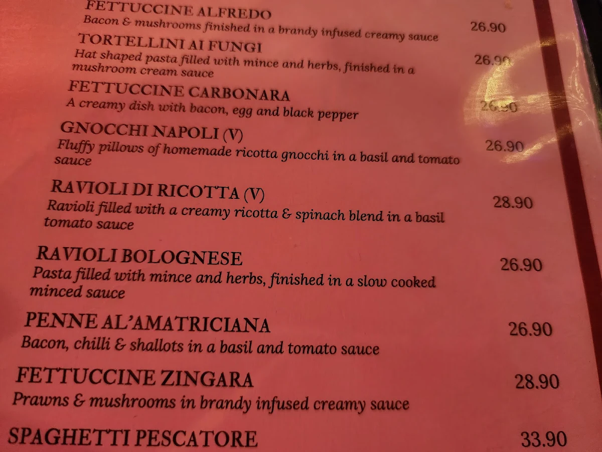Menu, Valentinos