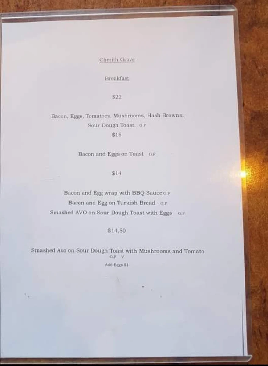 Menu, Cherith Grove