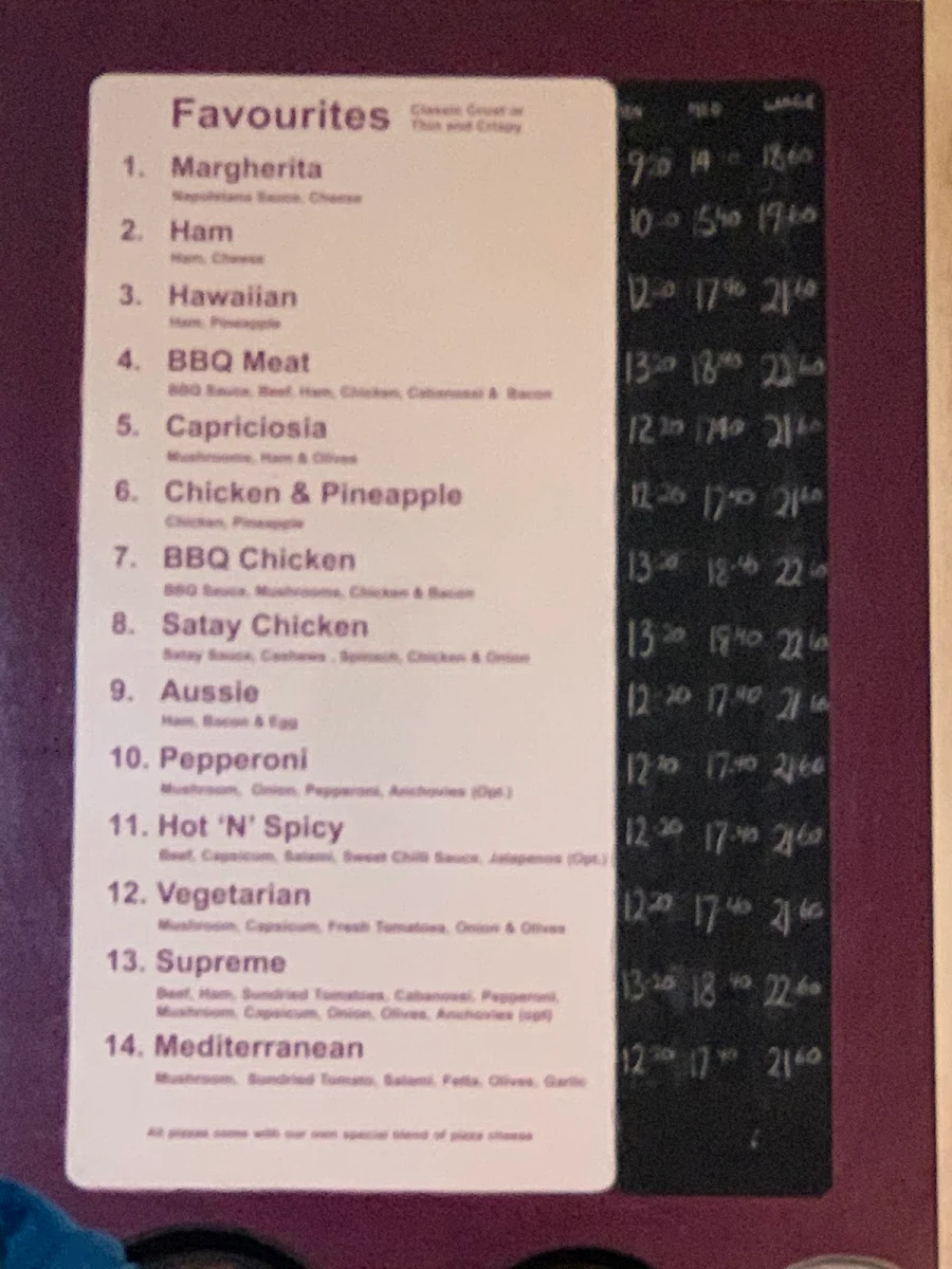 Menu, Mal's Pizza Bite
