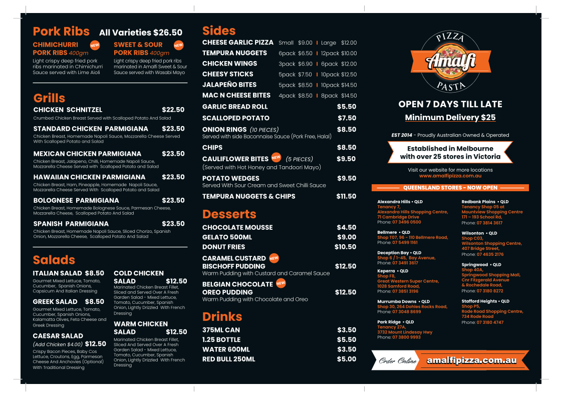Menu, Amalfi Pizza & Pasta Deception Bay