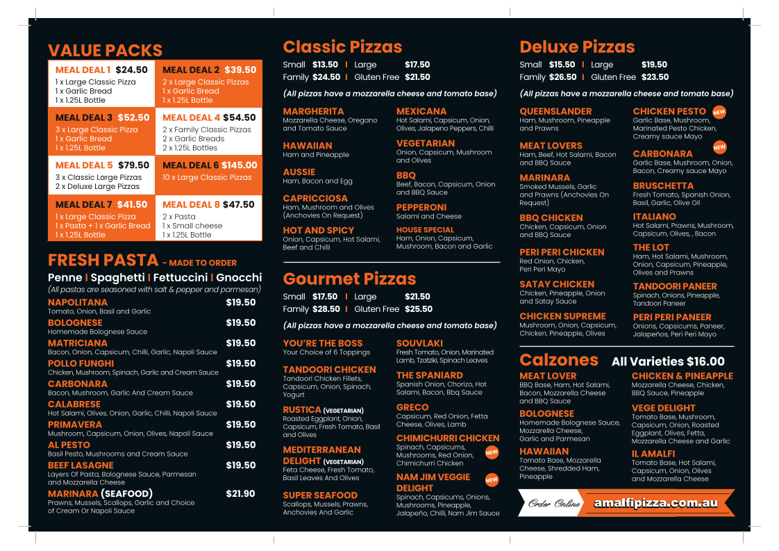Menu, Amalfi Pizza & Pasta Deception Bay