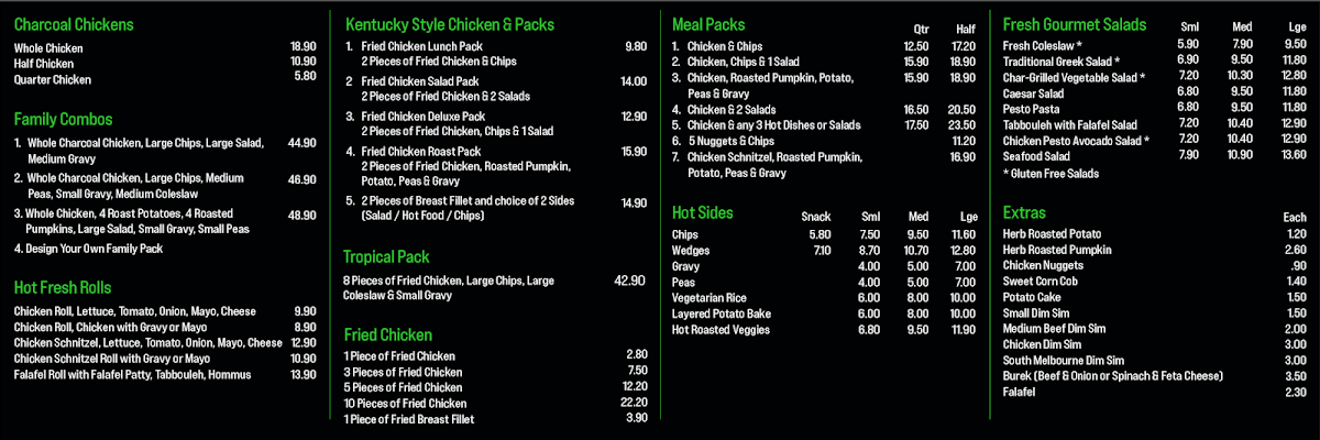 Menu, WATSONIA CHARCOAL CHICKEN