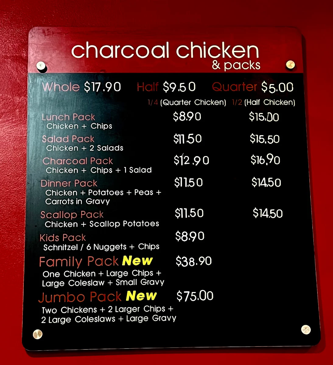 Menu, WATSONIA CHARCOAL CHICKEN