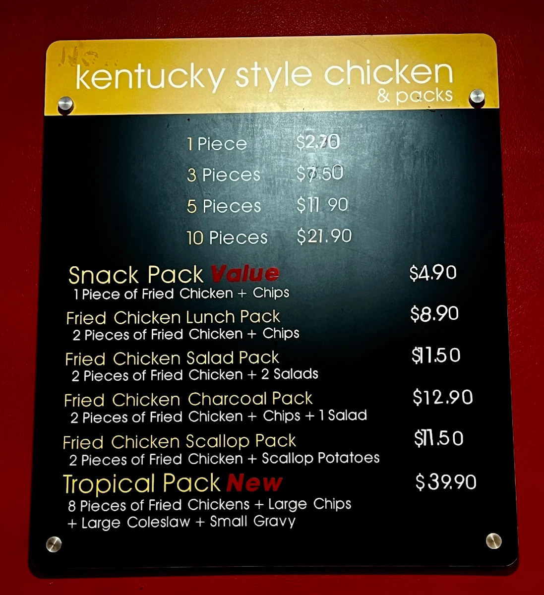 Menu, WATSONIA CHARCOAL CHICKEN
