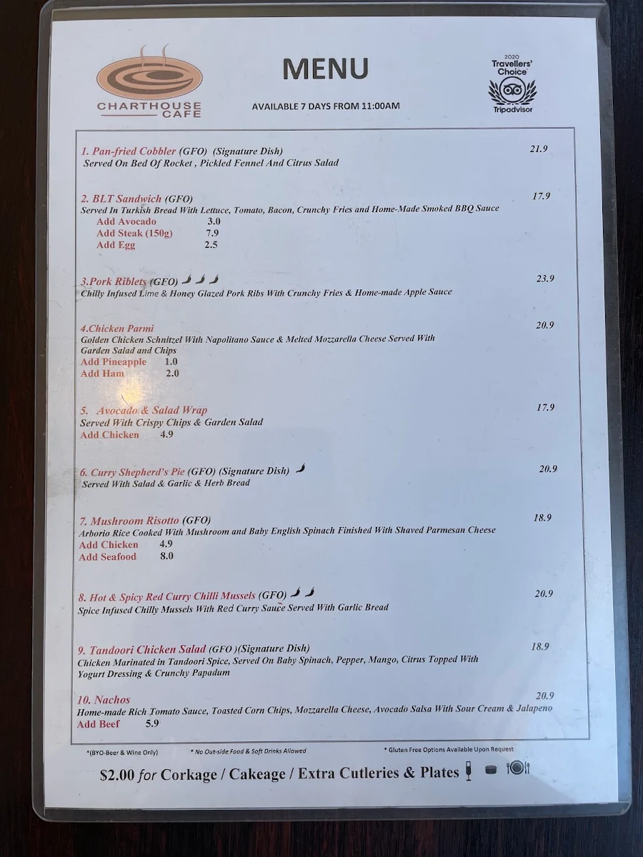 Menu, Charthouse Cafe