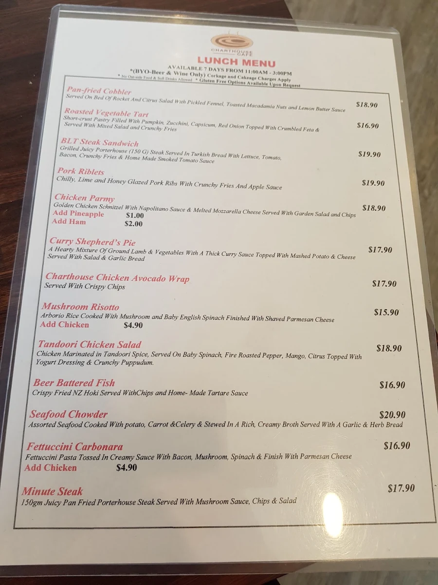 Menu, Charthouse Cafe