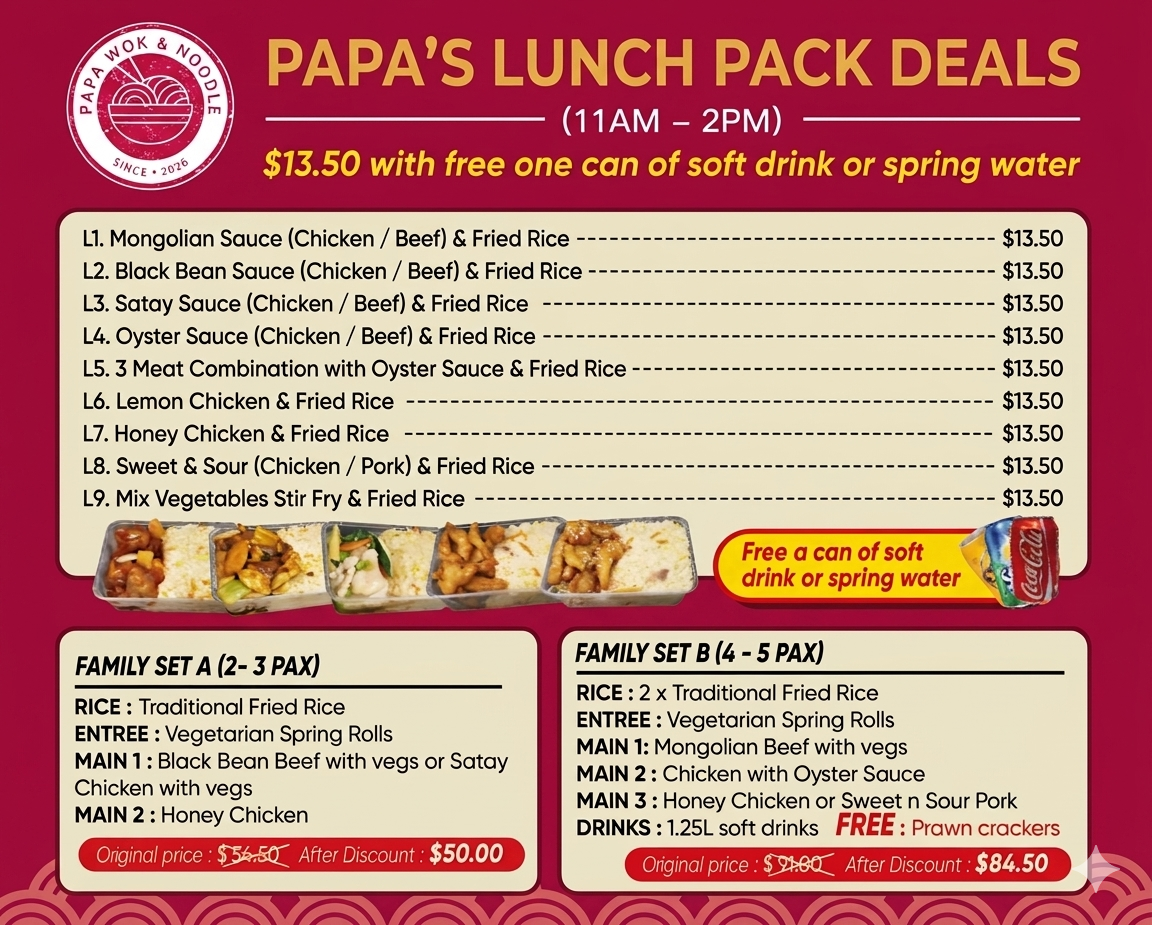 Menu, Papa Wok & Noodle WOODEND