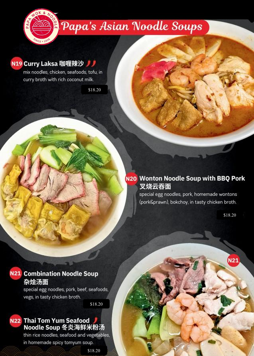 Menu, Papa Wok & Noodle WOODEND