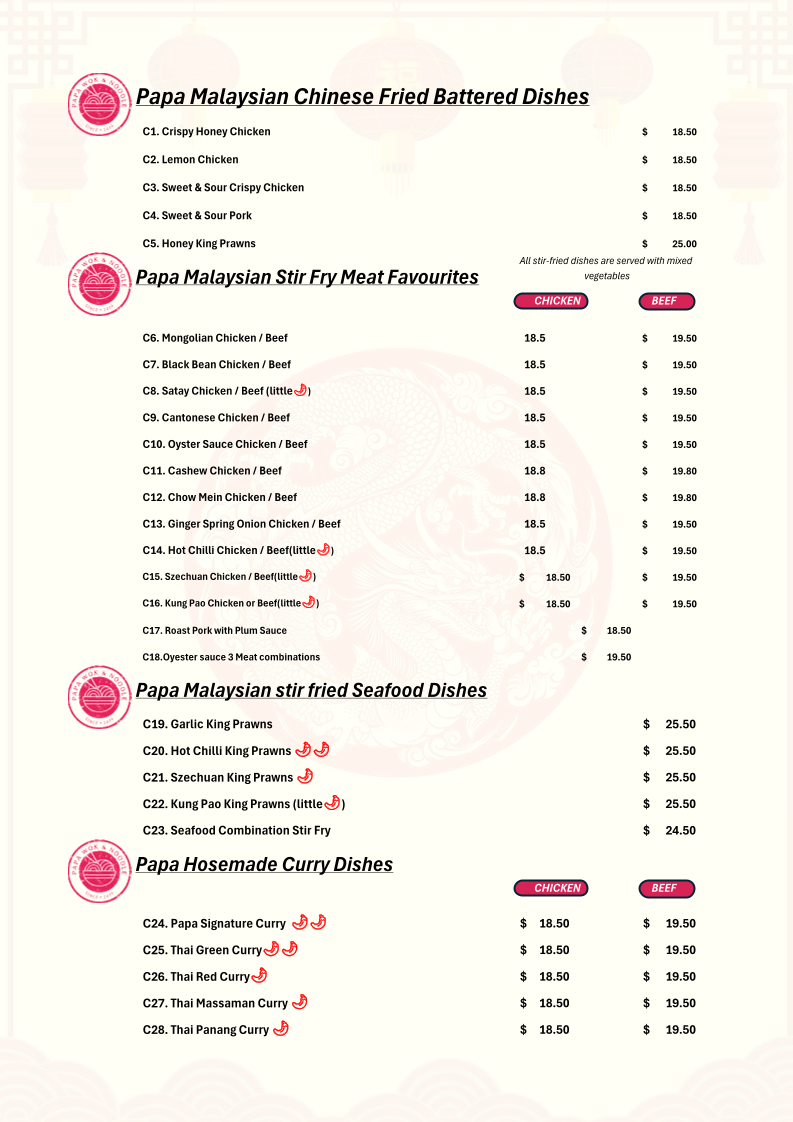 Menu, Papa Wok & Noodle WOODEND
