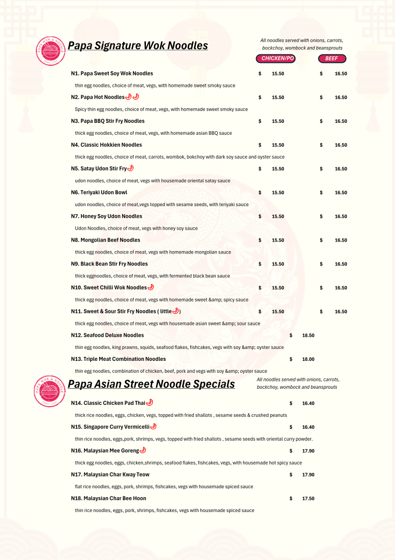 Menu, Papa Wok & Noodle WOODEND