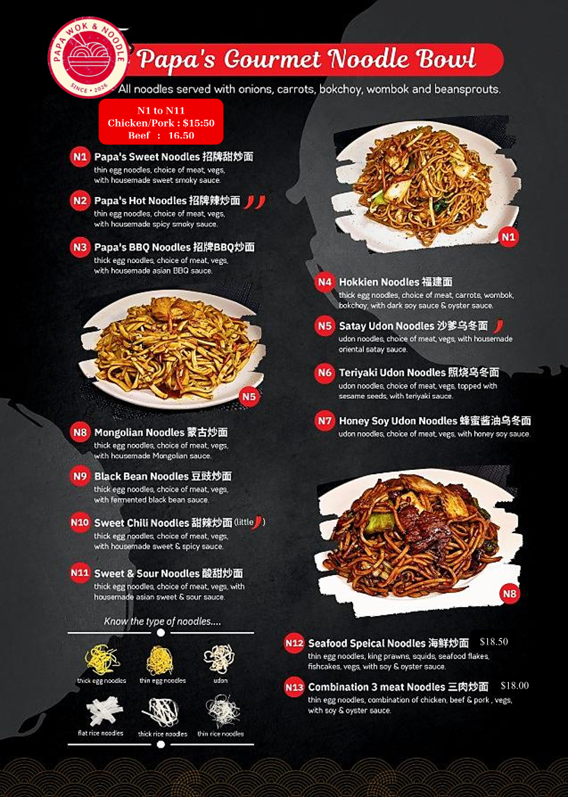 Menu, Papa Wok & Noodle WOODEND