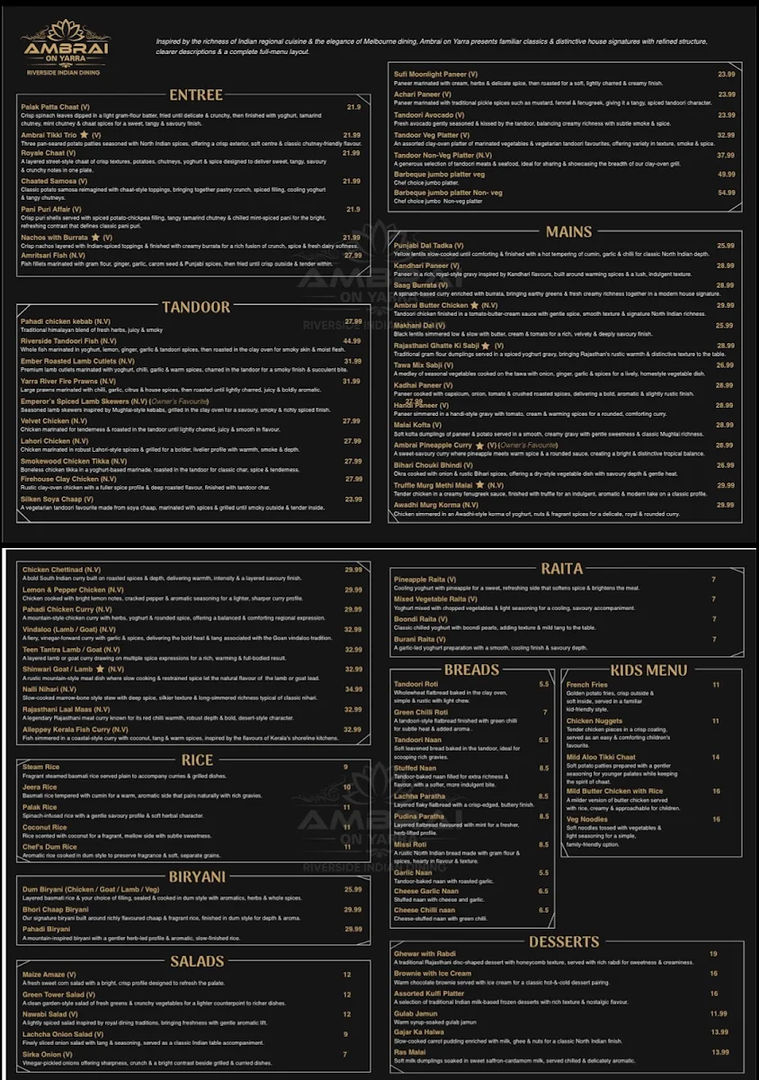 Menu, The Ambrai on Yarra