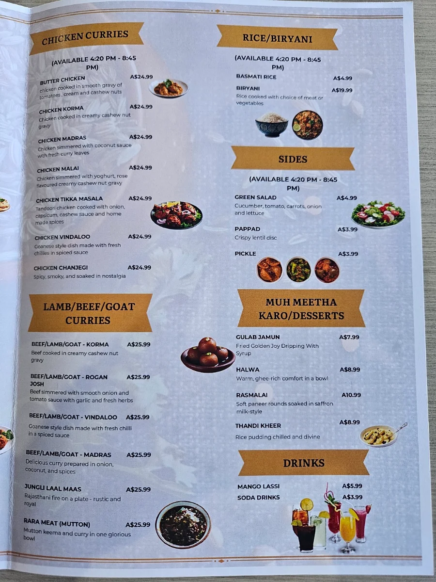 Menu, Bombay Bliss Pimpama (Under New Management)