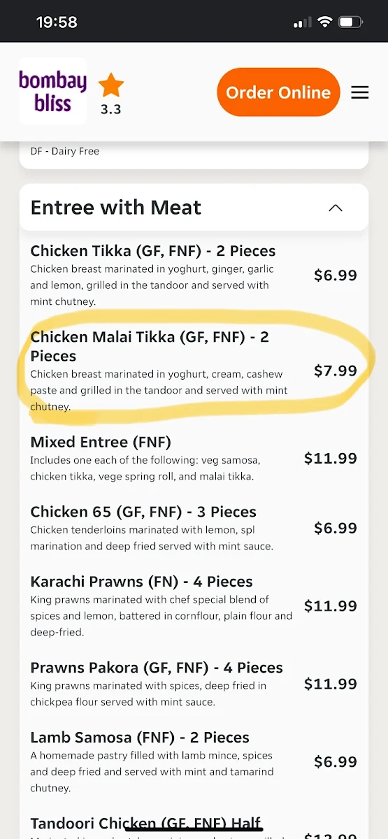 Menu, Bombay Bliss Pimpama (Under New Management)