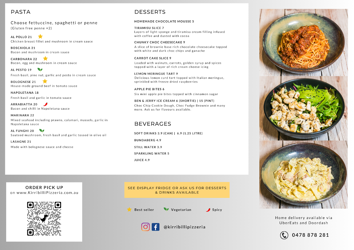 Menu, Kirribilli Pizzeria