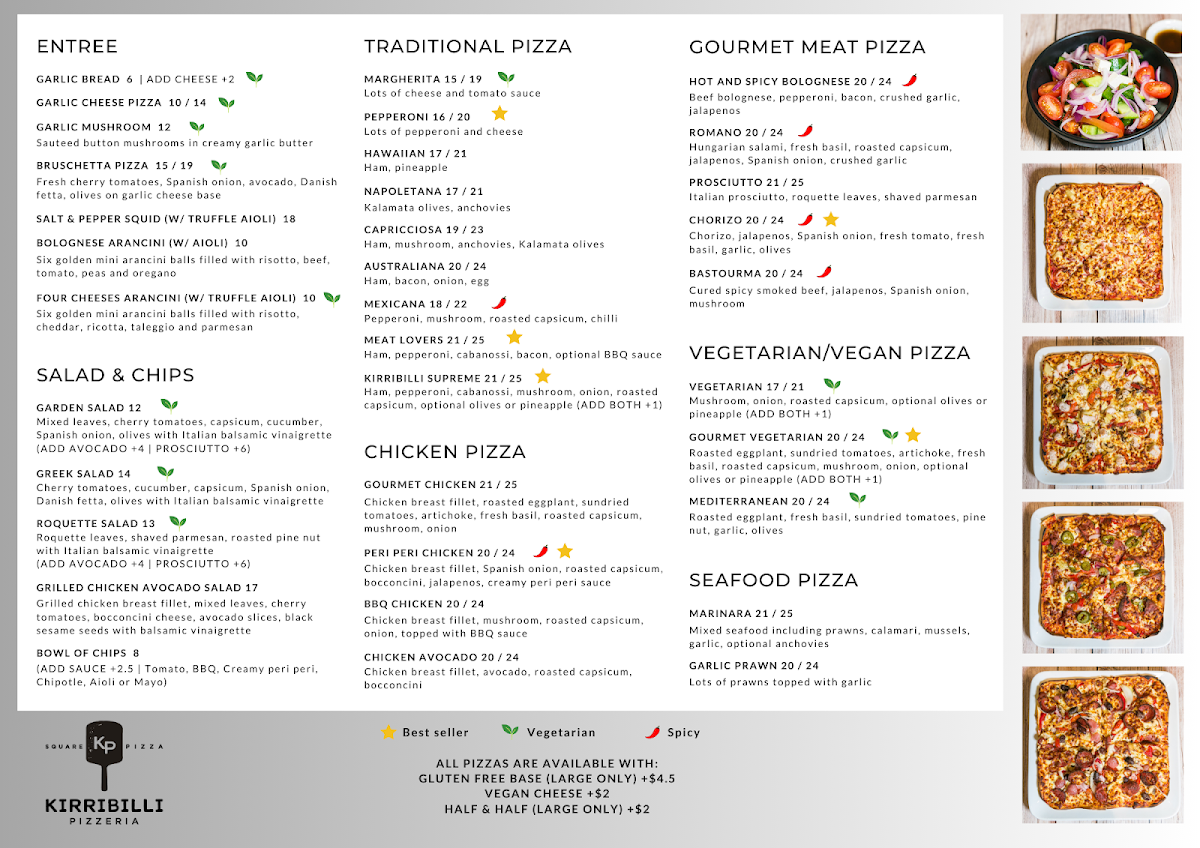 Menu, Kirribilli Pizzeria