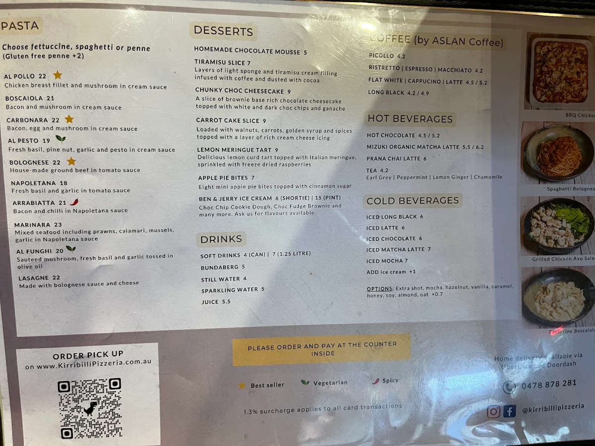 Menu, Kirribilli Pizzeria