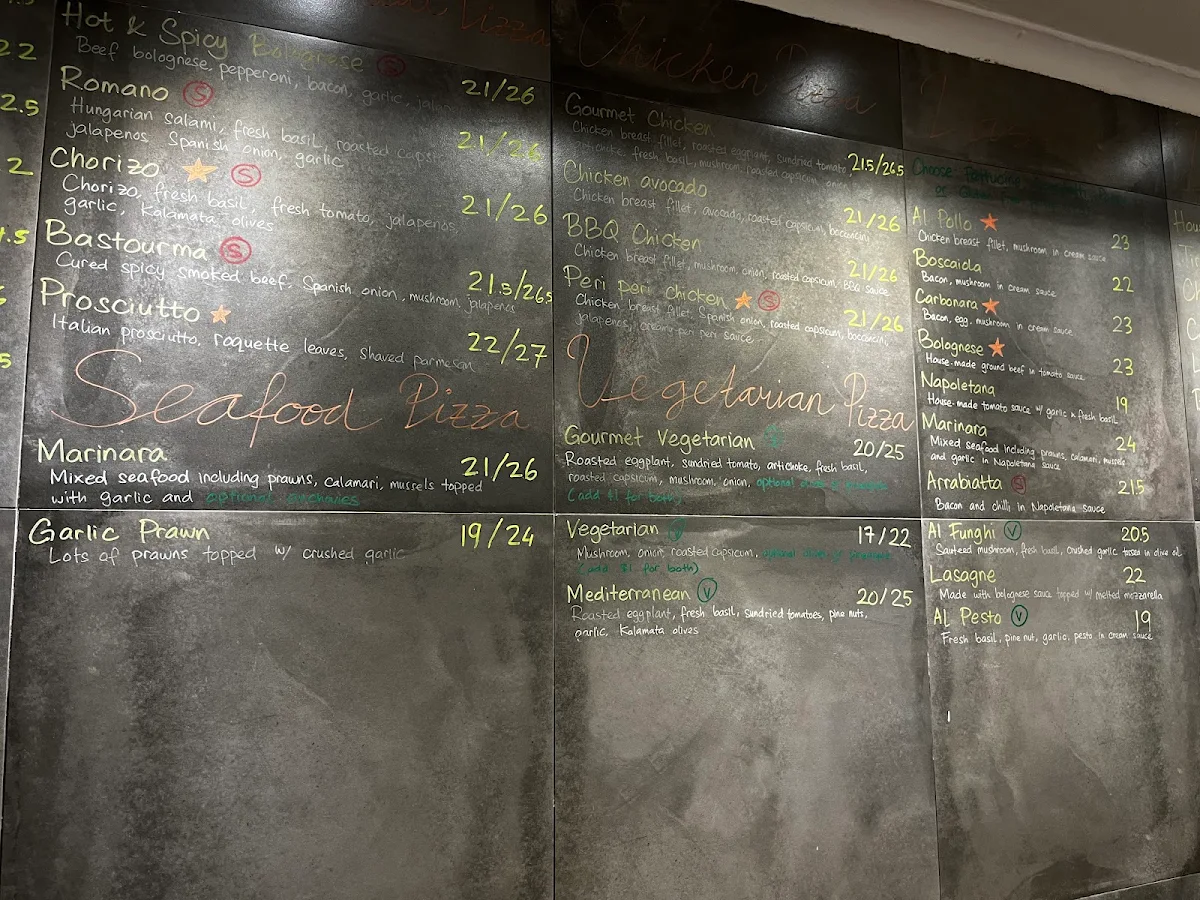 Menu, Kirribilli Pizzeria