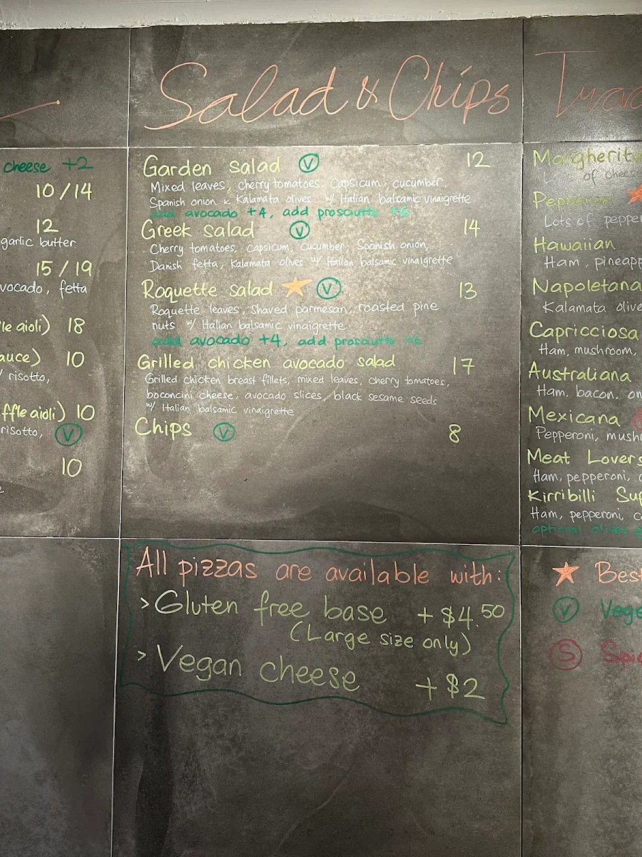 Menu, Kirribilli Pizzeria