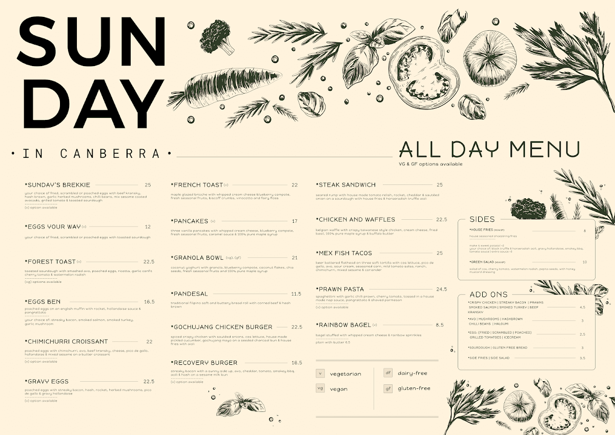 Menu, Sunday in Canberra Cafe