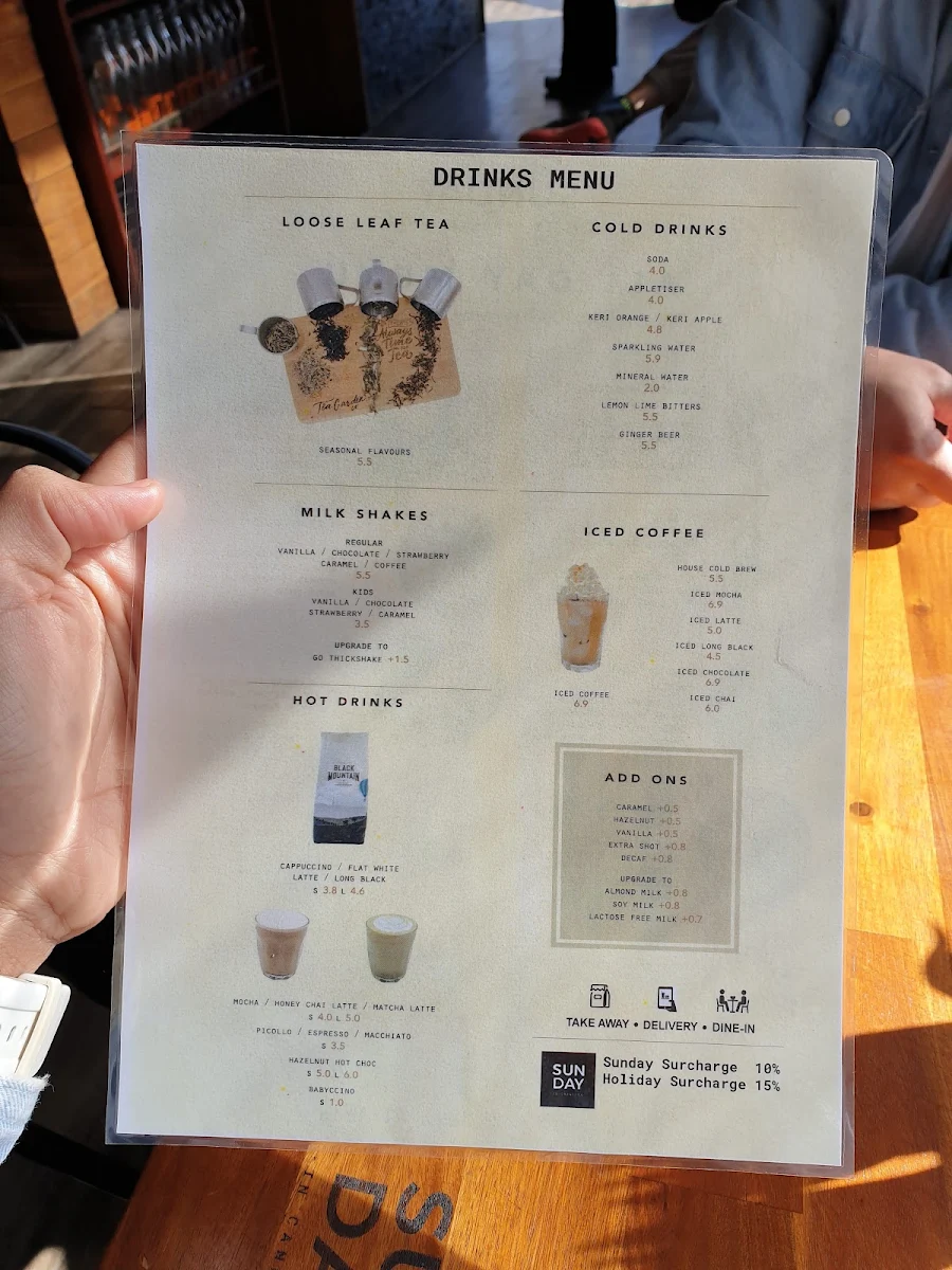 Menu, Sunday in Canberra Cafe
