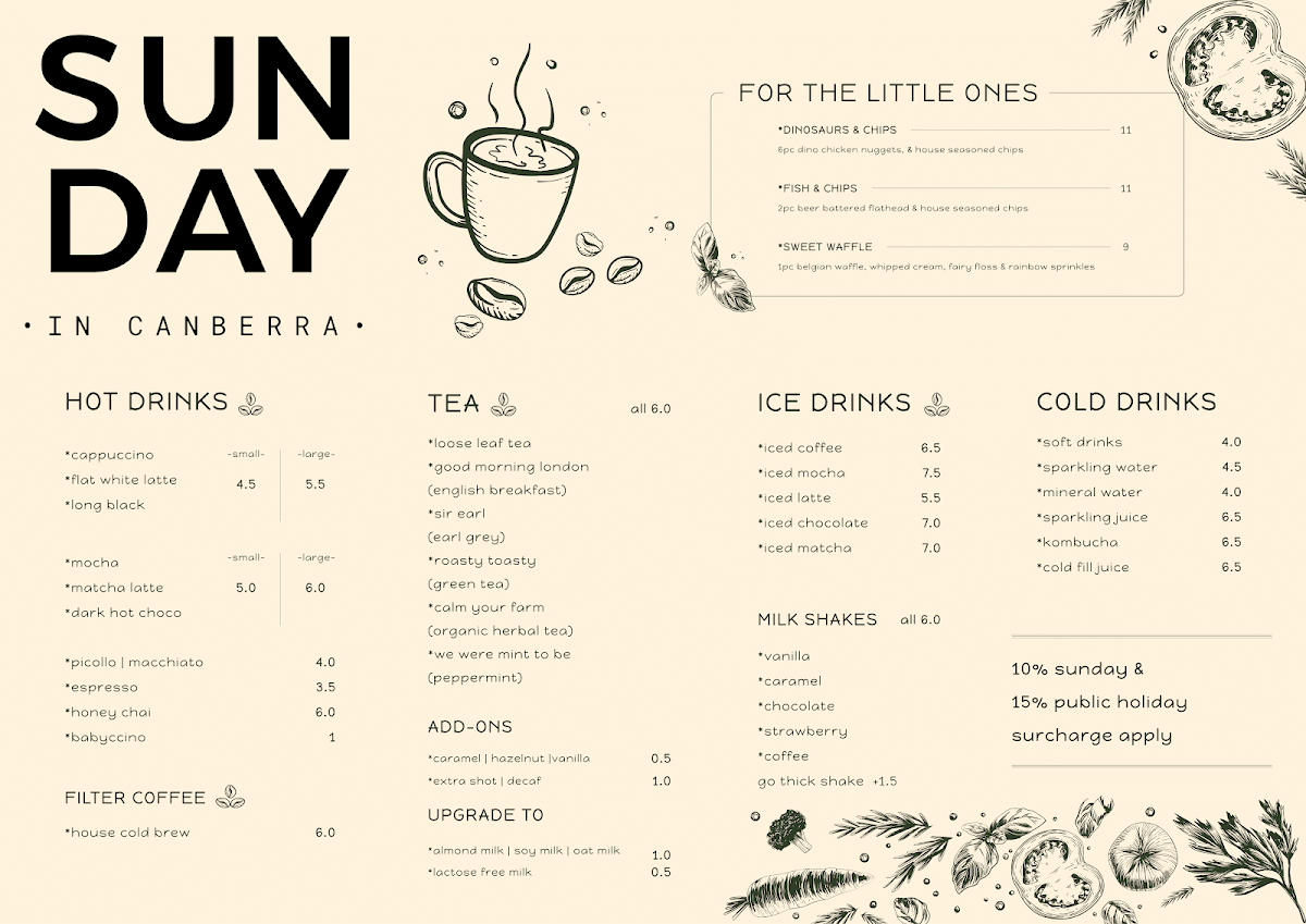 Menu, Sunday in Canberra Cafe