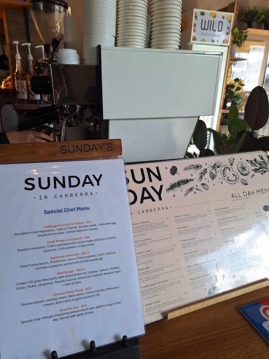 Menu, Sunday in Canberra Cafe