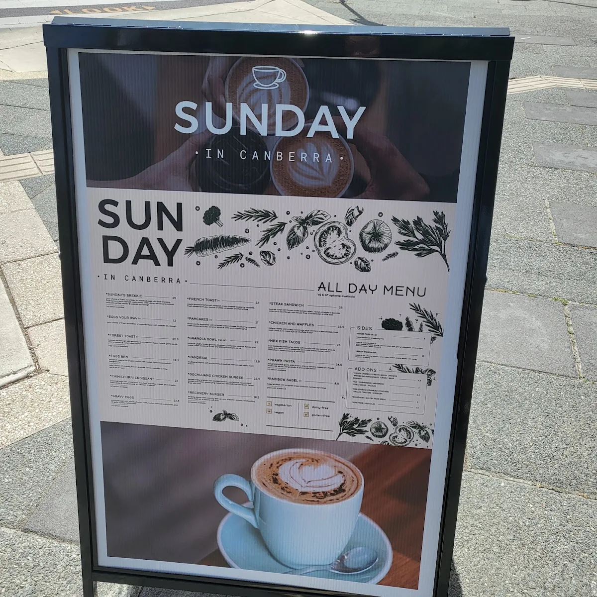 Menu, Sunday in Canberra Cafe