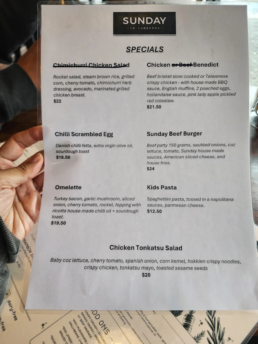 Menu, Sunday in Canberra Cafe