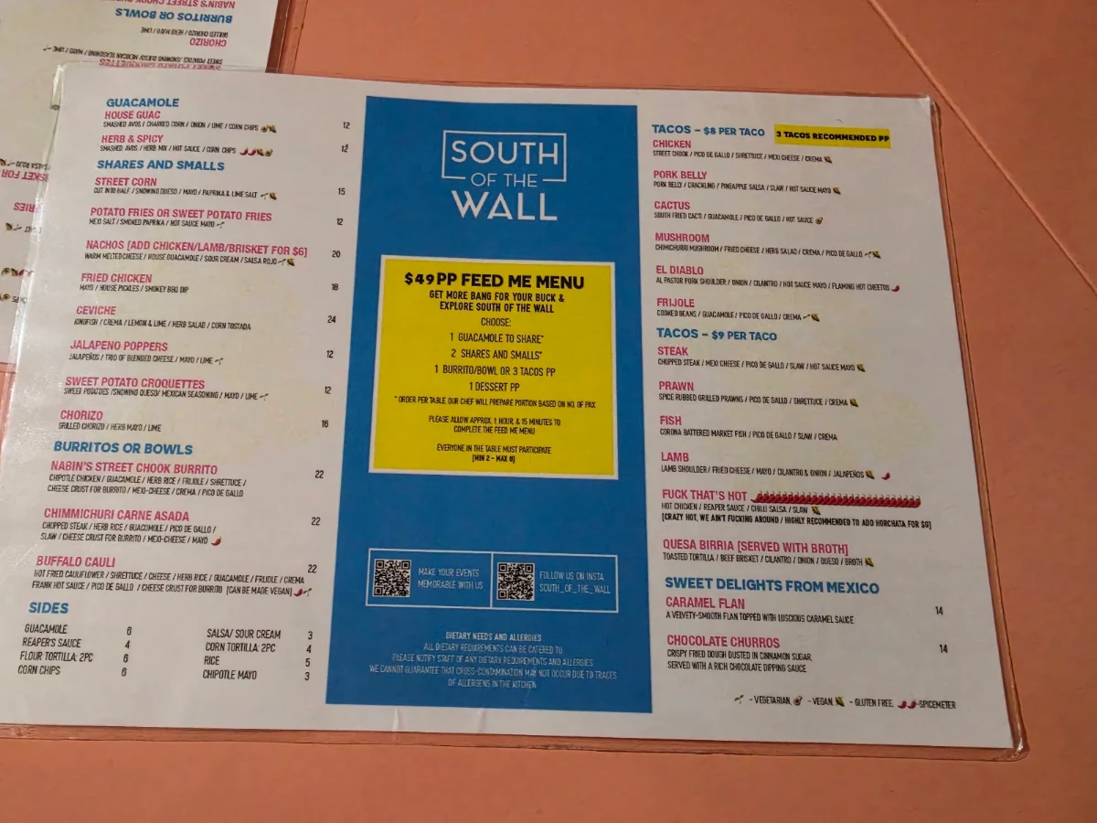 Menu, South of the Wall