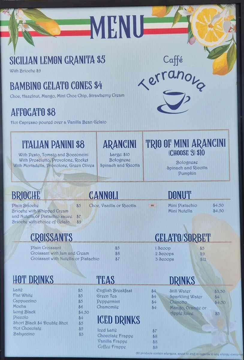 Menu, Caffe Terranova Dural