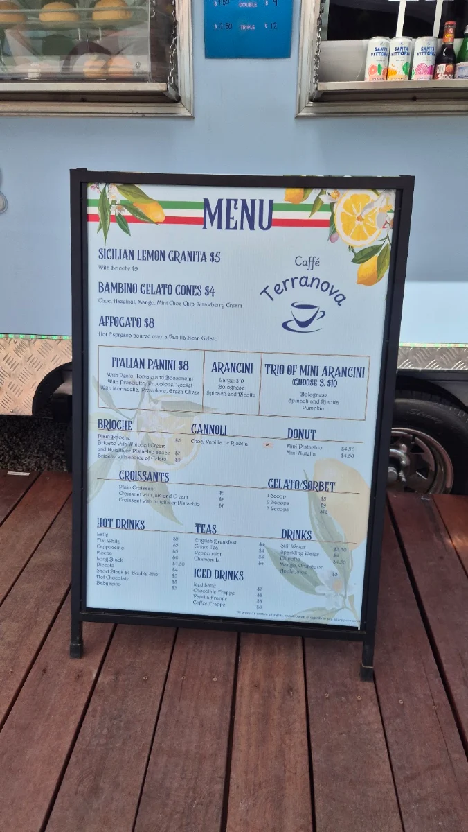 Menu, Caffe Terranova Dural