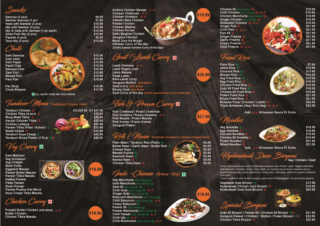Menu, Dosa Hut Indian Restaurant Adelaide CBD