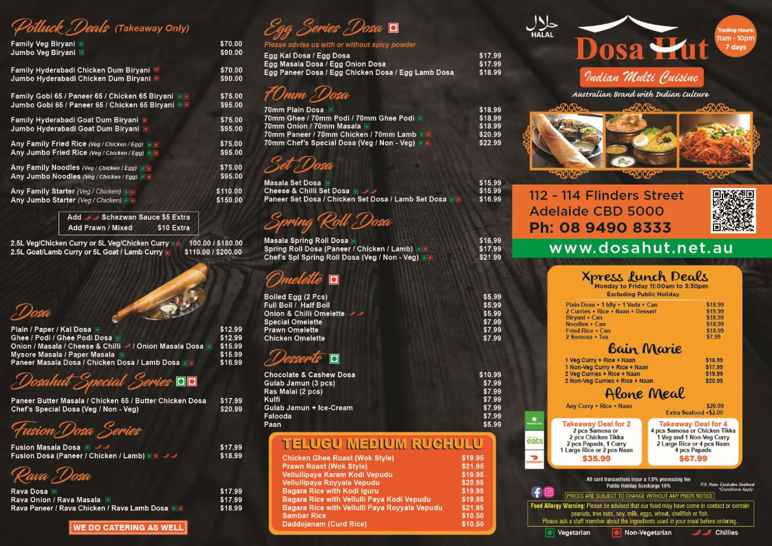 Menu, Dosa Hut Indian Restaurant Adelaide CBD